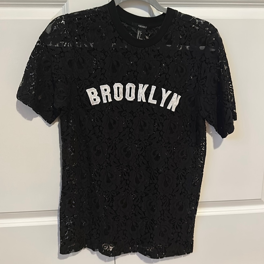 Brooklyn New York Black Lace Tshirt Forever 21 Size Small